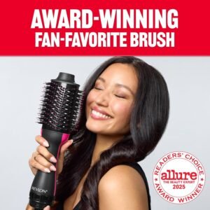 Woman using REVLON One-Step Volumizer blowout brush for salon-style volume at home