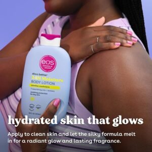 eos shea better body lotion applied to skin for hydrated glow