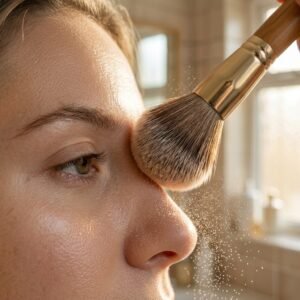 lightly setting foundation with powder brush