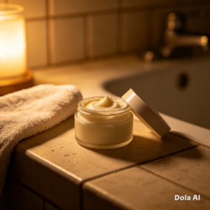 open jar of rich body butter in warm evening light