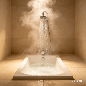 warm shower water spraying in a minimalist bathroom