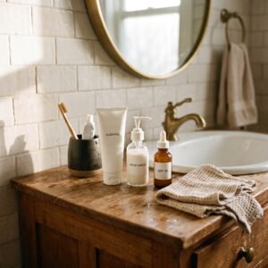 basic skincare routine for beginners on a bathroom counter