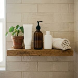 simple skincare routine for beginners on a bathroom shelf