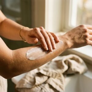 applying rich body cream to healthy skin